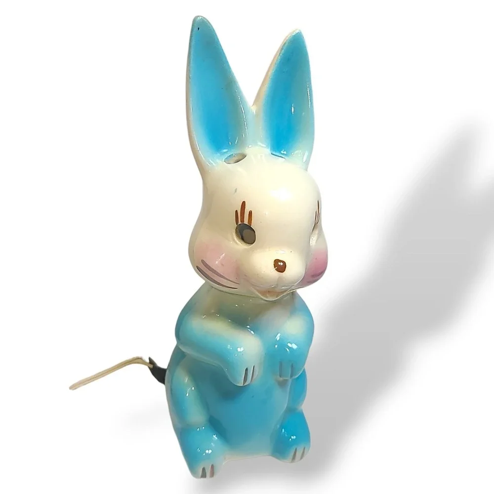 Vintage Porcelain Bunny Rabbit TV Lamp Blue White Light Easter Spring Decor